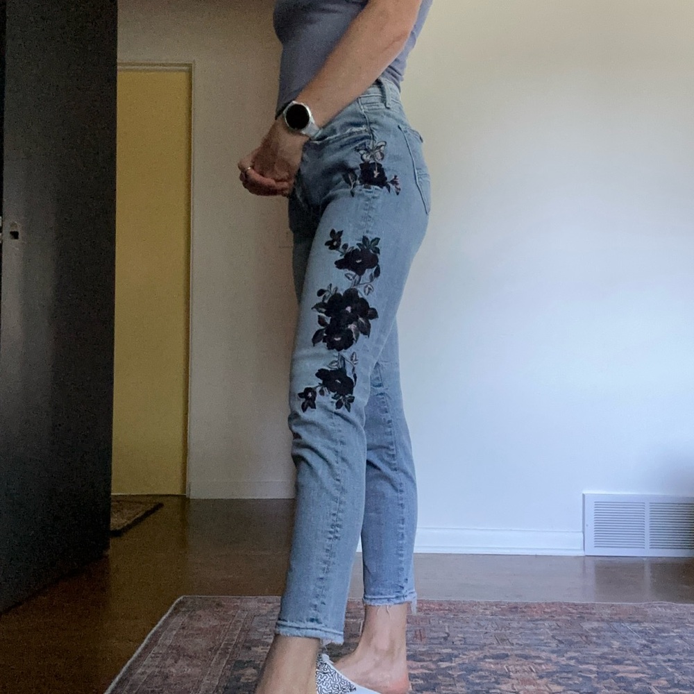 DRIFTWOOD Blue Jeans with Black Floral Embroidery
